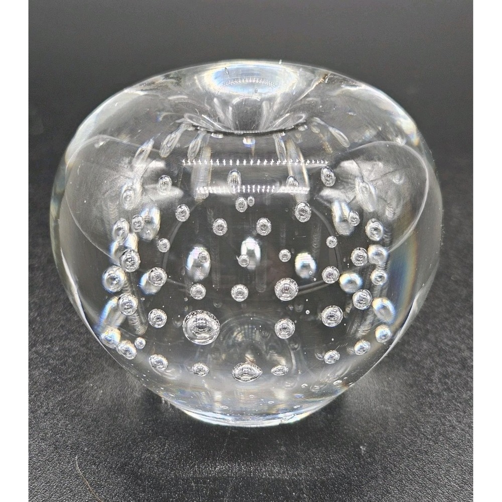 Vintage Hand Blown Clear Glass Apple Paperweight with Controlled Bubbles